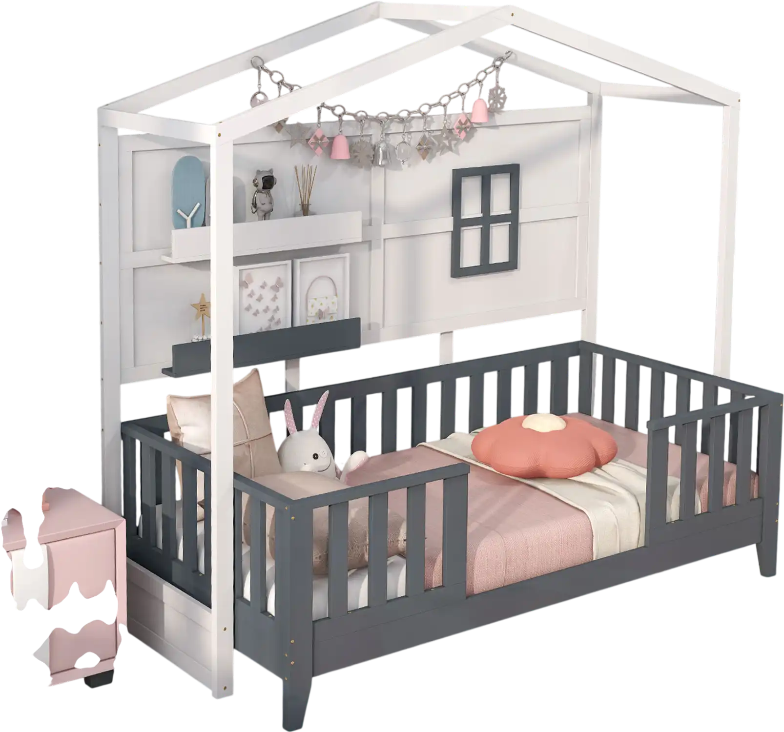 Costway Twin Wood Montessori House Floor Bed w/ 2 Shelves & Guardrails Gray White 35476812 New