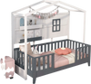 Twin wood house bed in gray and white with playful design, featuring a low-to-ground height for easy access for kids.