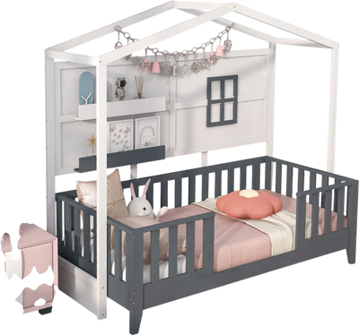 Costway Twin Wood Montessori House Floor Bed w/ 2 Shelves & Guardrails Gray White 35476812 New