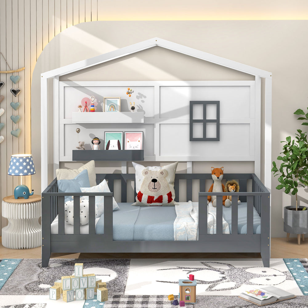 Twin wood house bed in gray and white with guardrails and shelves, perfect for kids' themed bedrooms.