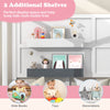 Twin Wood House Bed in gray and white with 2 shelves for kids' books and toys, enhancing bedroom organization.