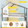 Twin over twin house bunk bed with pitched roof, guardrails, and interactive window for kids' fun and safety.