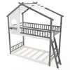 Twin over twin house bunk bed in white and gray with roof, guardrails, and integrated ladder for kids' safety and fun.