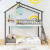 Twin over twin house bunk bed in white and gray with roof, guardrails, and low-to-ground floor bed for kids' safety.