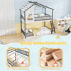Twin over twin house bunk bed in white and gray with solid pine wood frame and robust plywood slats for kids' safety.