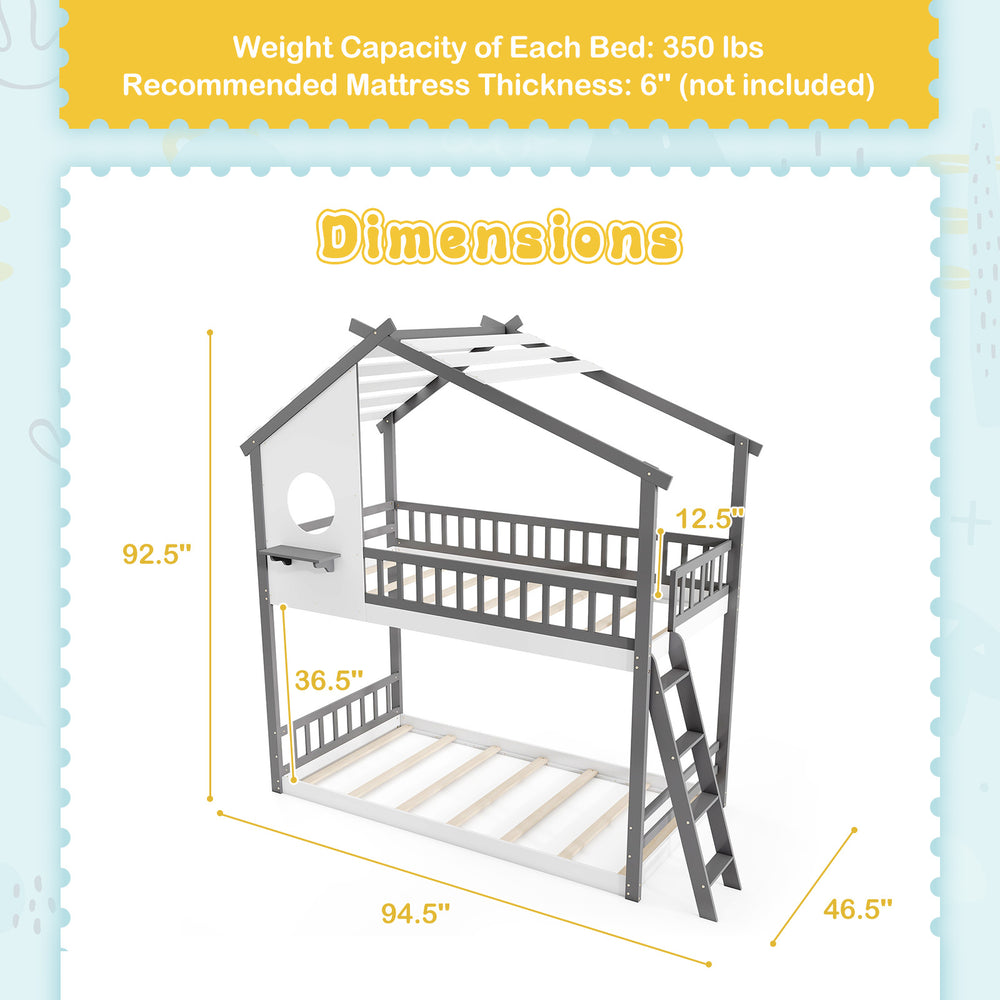 Twin over twin house bunk bed with roof, guardrails, and ladder in white and gray, ideal for kids' bedrooms.