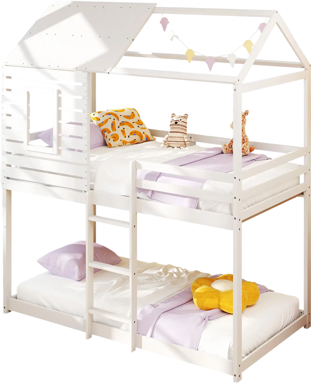 Twin over twin house bunk bed featuring a child-friendly floor frame and wide entrance for easy access and safety.