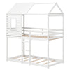 Twin over twin house bunk bed in white with pitched roof and guardrails, ideal for themed children's bedrooms.