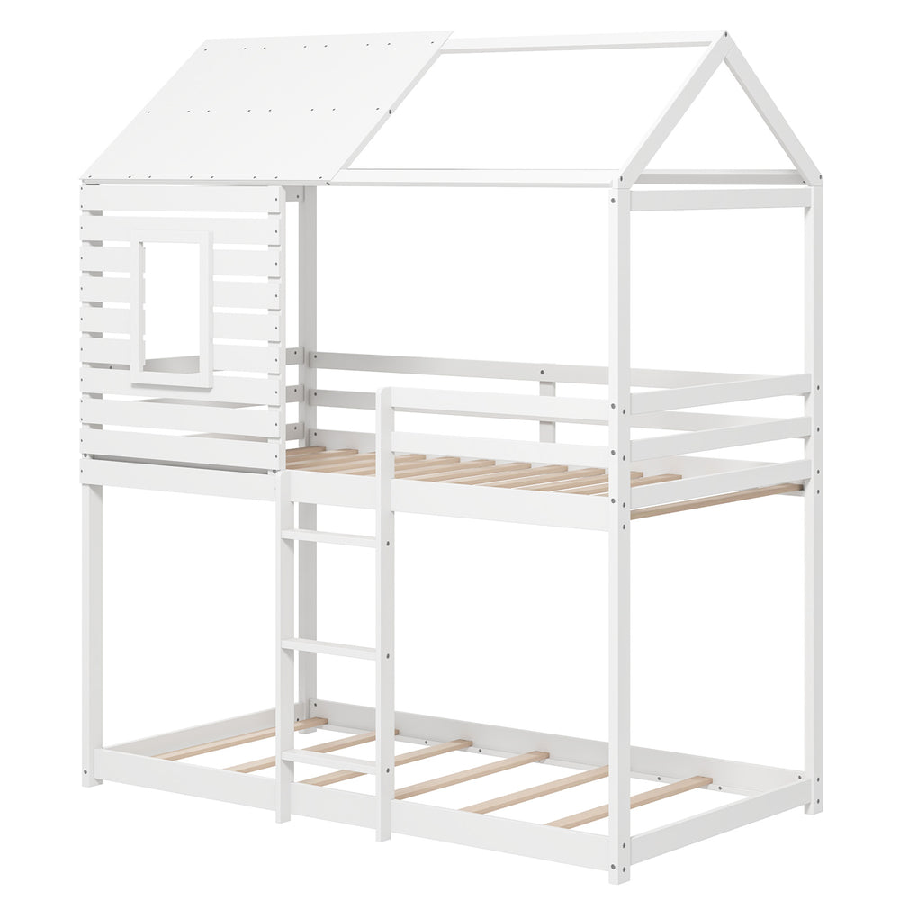 Twin over twin house bunk bed in white with pitched roof and guardrails, ideal for themed children's bedrooms.