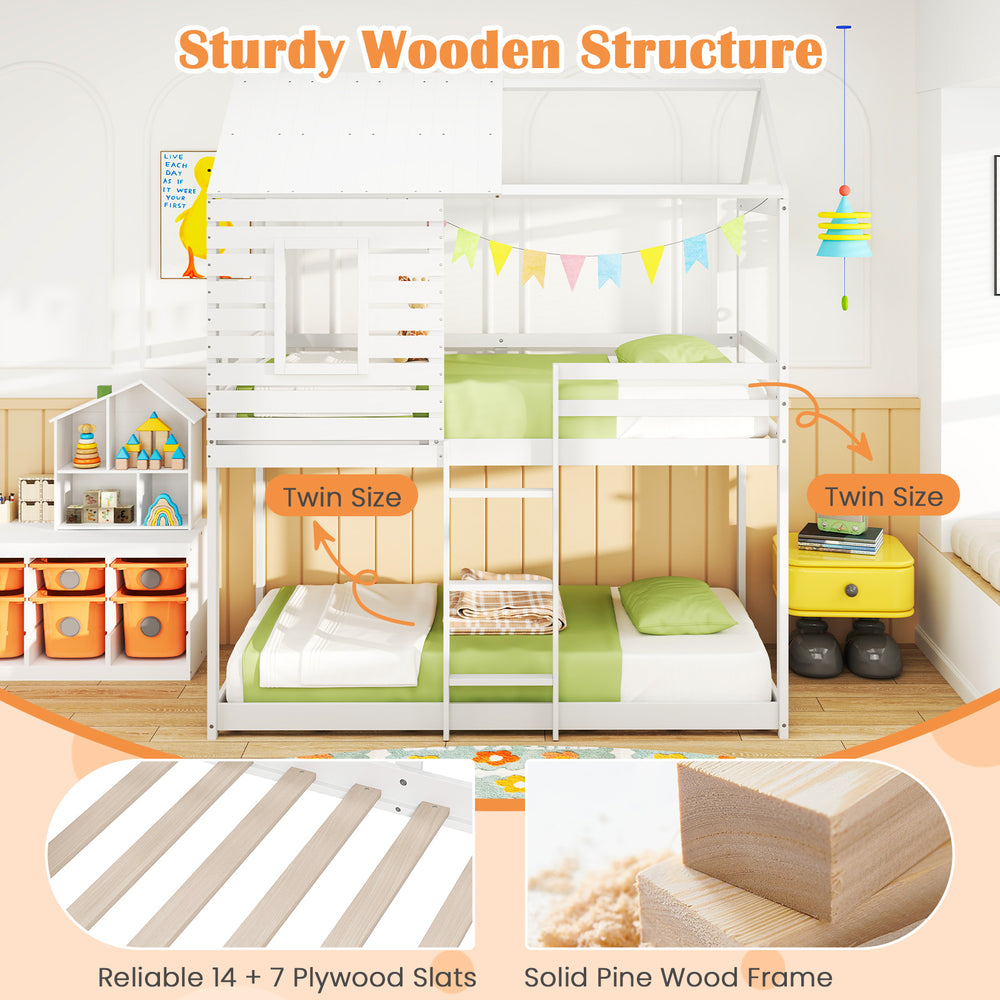 Twin over twin house bunk bed in white with pitched roof, solid pine wood frame, and full-length guardrails for safety.