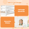 Twin over twin house bunk bed features full-length guardrails and an interactive window for a fun and safe sleep space.