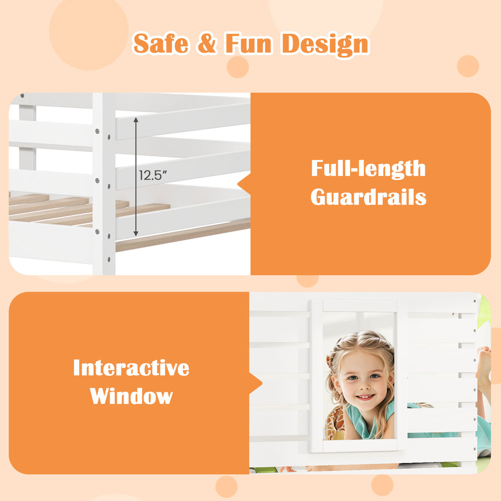 Twin over twin house bunk bed features full-length guardrails and an interactive window for a fun and safe sleep space.