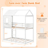 Twin over twin house bunk bed in white with pitched roof, guardrails, and integrated ladder for safe, fun sleeping.