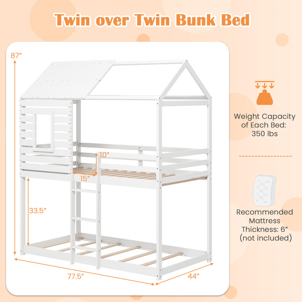 Twin over twin house bunk bed in white with pitched roof, guardrails, and integrated ladder for safe, fun sleeping.