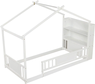 Costway Montessori House Bed Frame Twin Storage Bookshelf Roof Guardrail 67415228 New