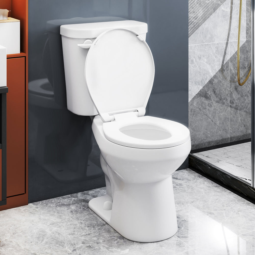 Two-piece round toilet with 17.5" ADA comfort height seat, water-saving flush, and soft-close seat for quiet operation.