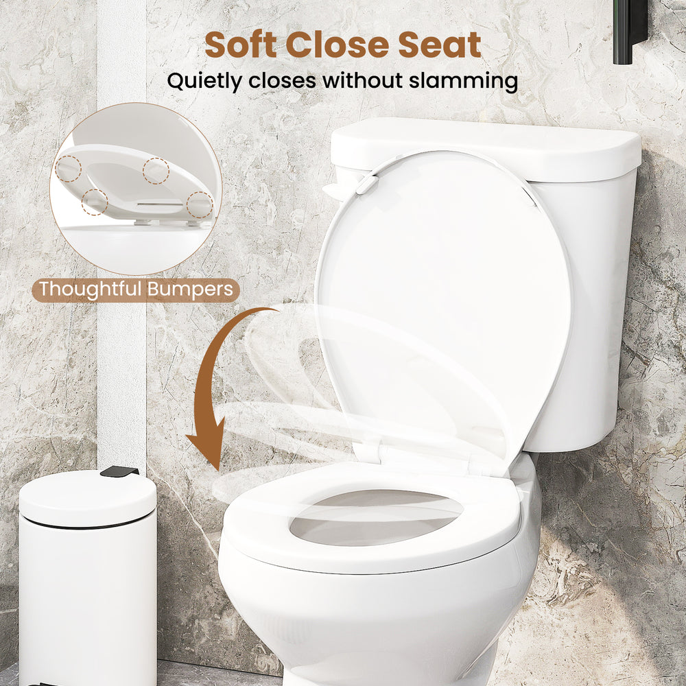Round toilet with 17.5" ADA comfort height seat and soft-close feature for quiet operation and easy cleaning.