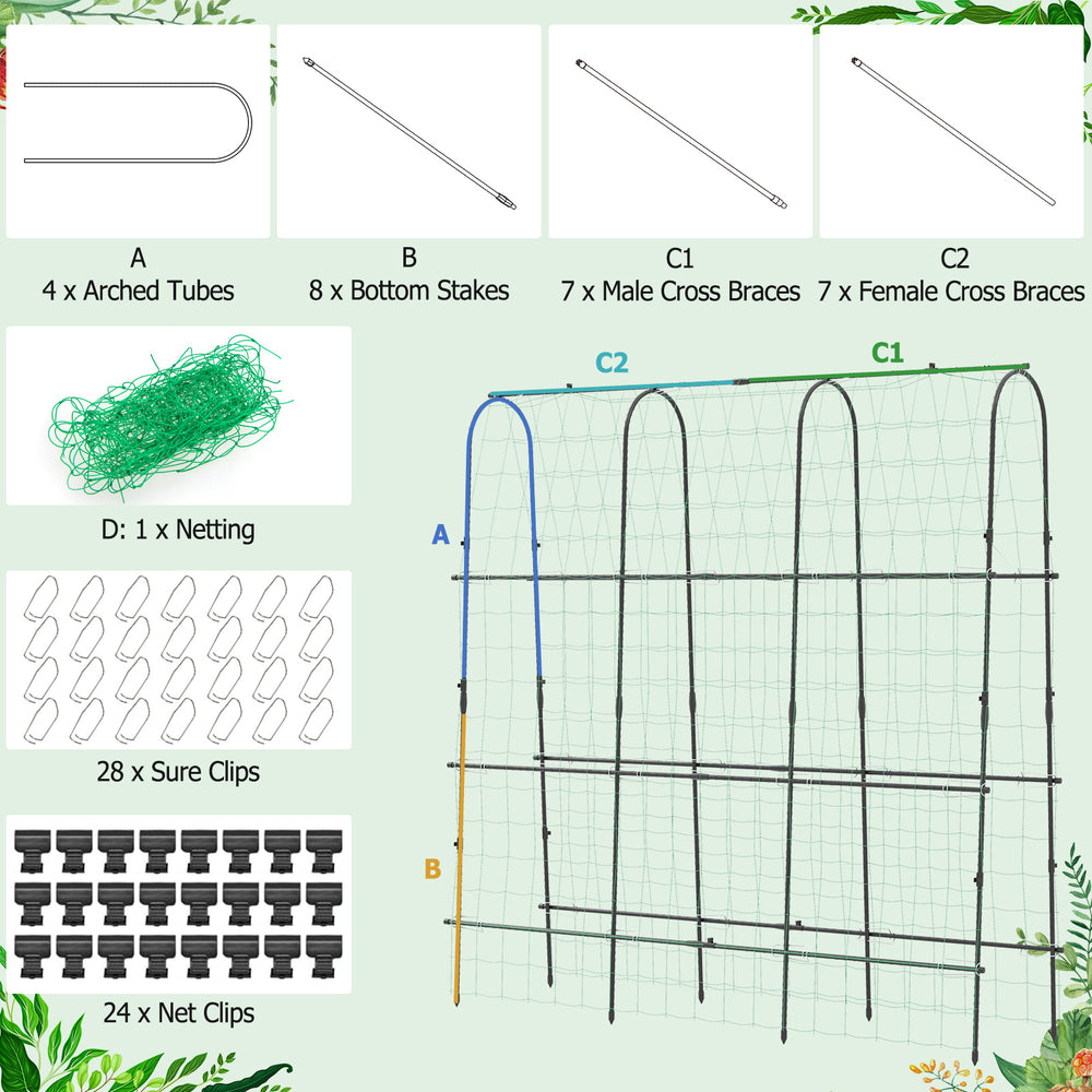 U-shaped tall garden trellis with PE-coated metal tubes and netting, ideal for climbing plants and secure anchoring.