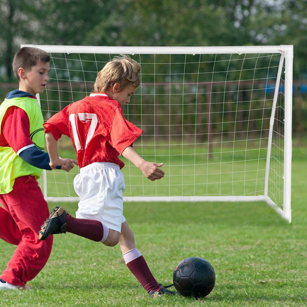 Portable 6 x 4 feet soccer goal with strong UPVC frame and durable PE netting, ideal for kids' practice and outdoor fun.