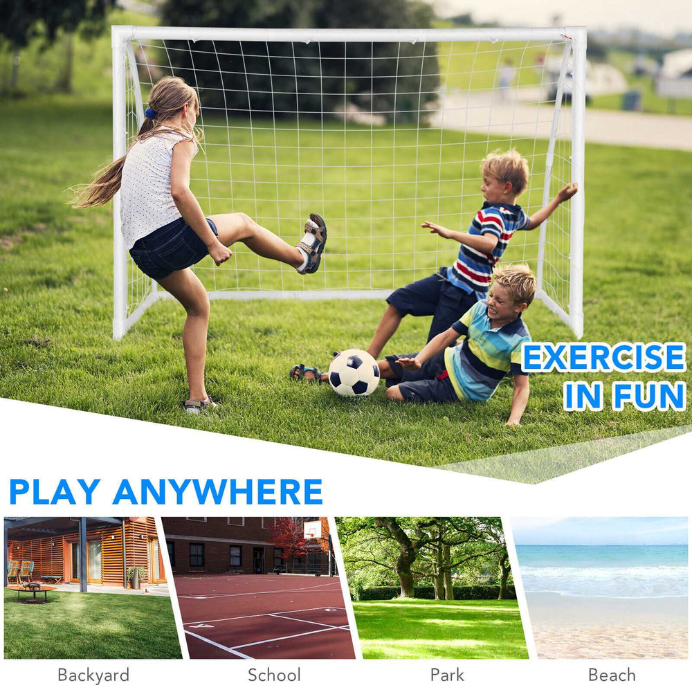 Kids playing soccer with a 6 x 4 feet UPVC goal, perfect for outdoor fun and practice in the backyard or park.