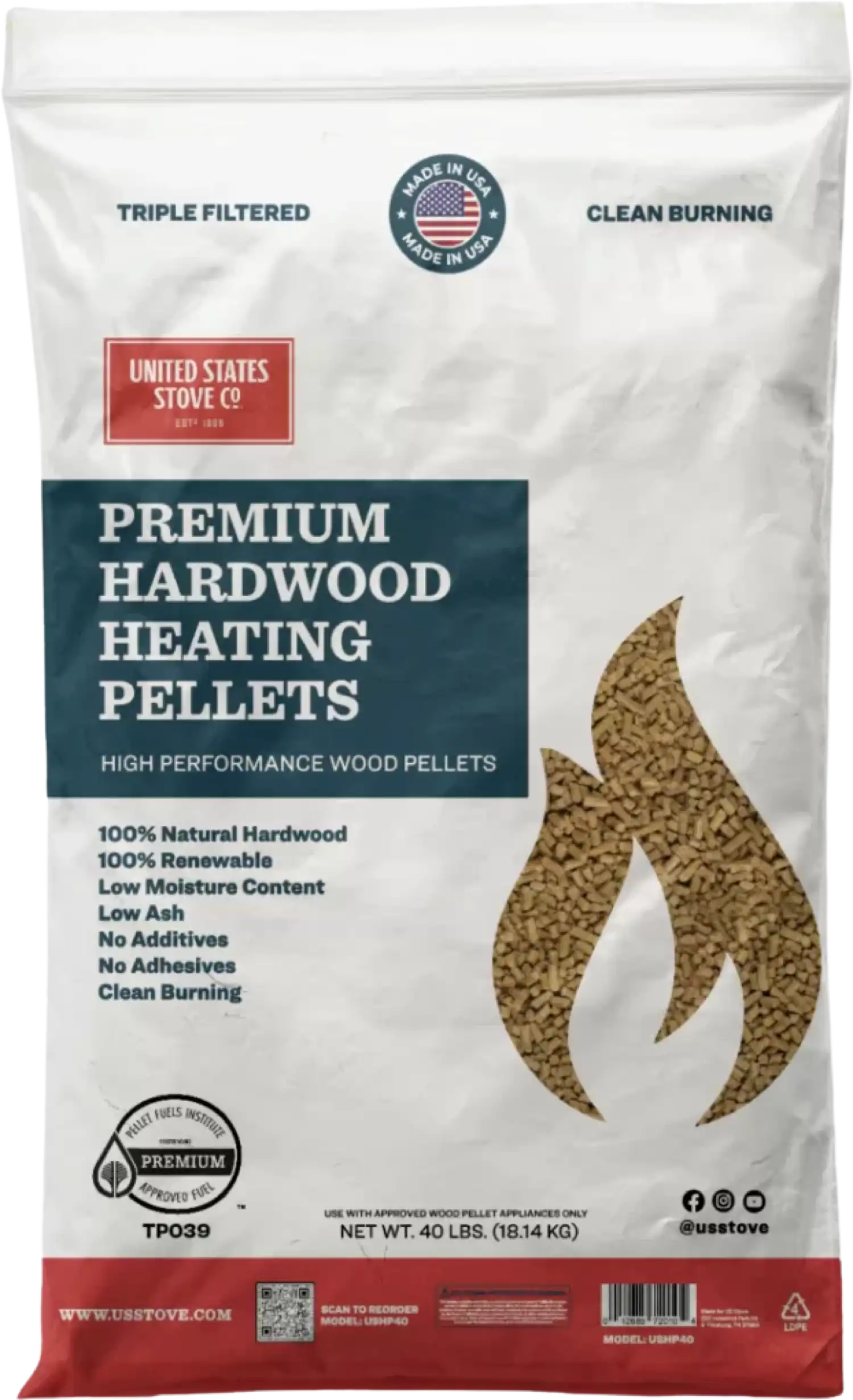 US Stove USHP40 Hardwood Heating Pellets for Pellet Stoves 40 lbs. Bag New (must be purchased with pellet stove)