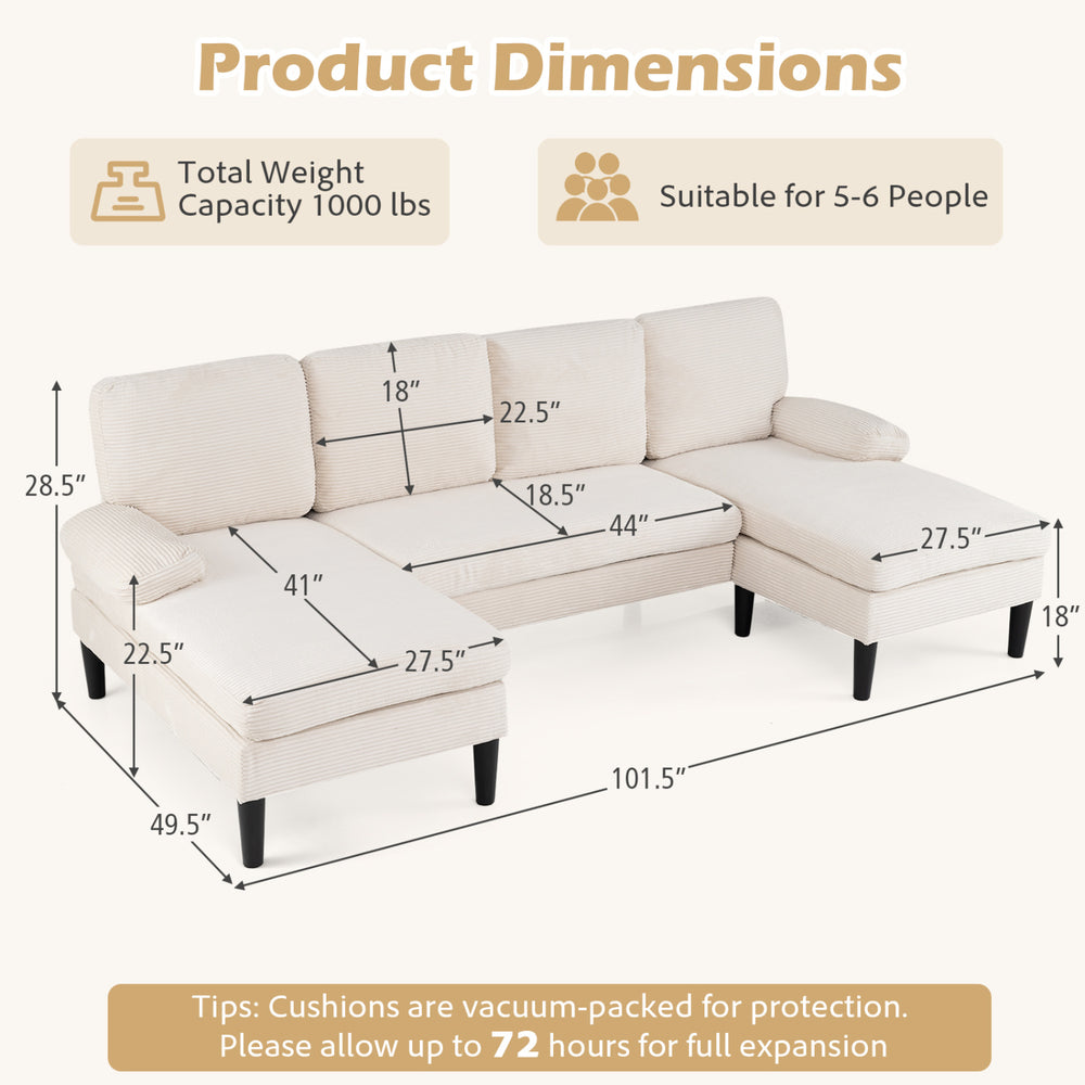 U-shaped sectional couch dimensions with dual chaise, beige corduroy fabric, suitable for 5-6 people in living room.