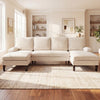 U-shaped sectional couch in beige with dual chaise lounges, soft corduroy fabric, ideal for living room gatherings.