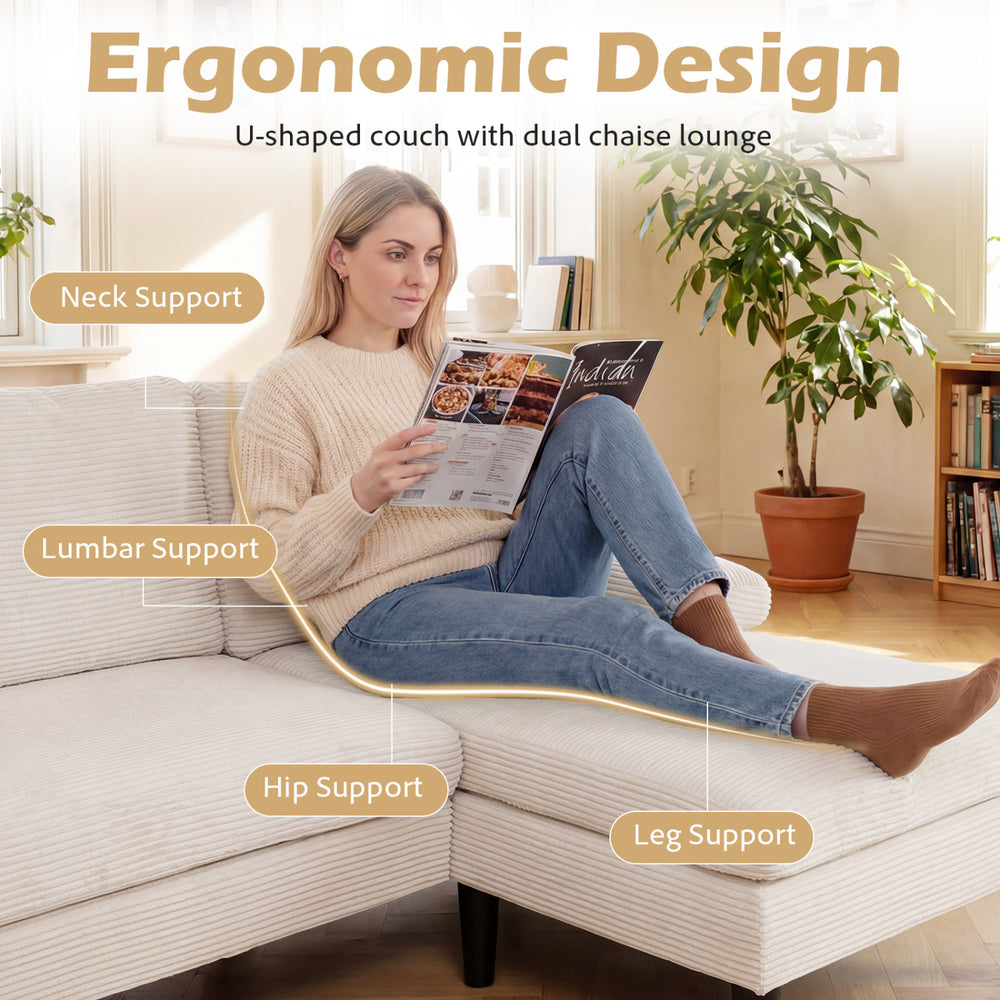 U-shaped sectional couch in beige with dual chaise, featuring ergonomic design and plush support for ultimate comfort.