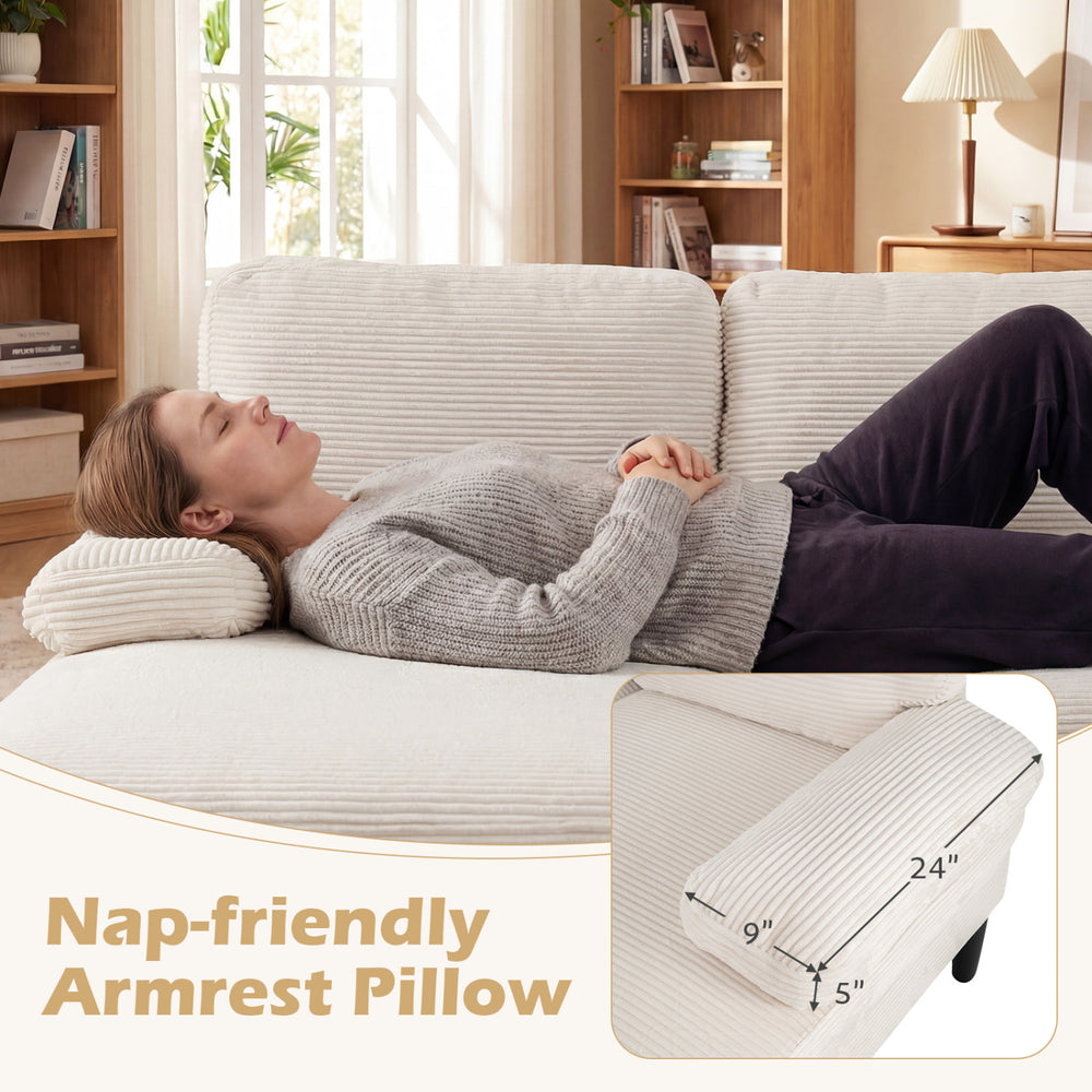 U-shaped sectional couch with beige corduroy fabric and nap-friendly armrest pillow, perfect for living room relaxation.