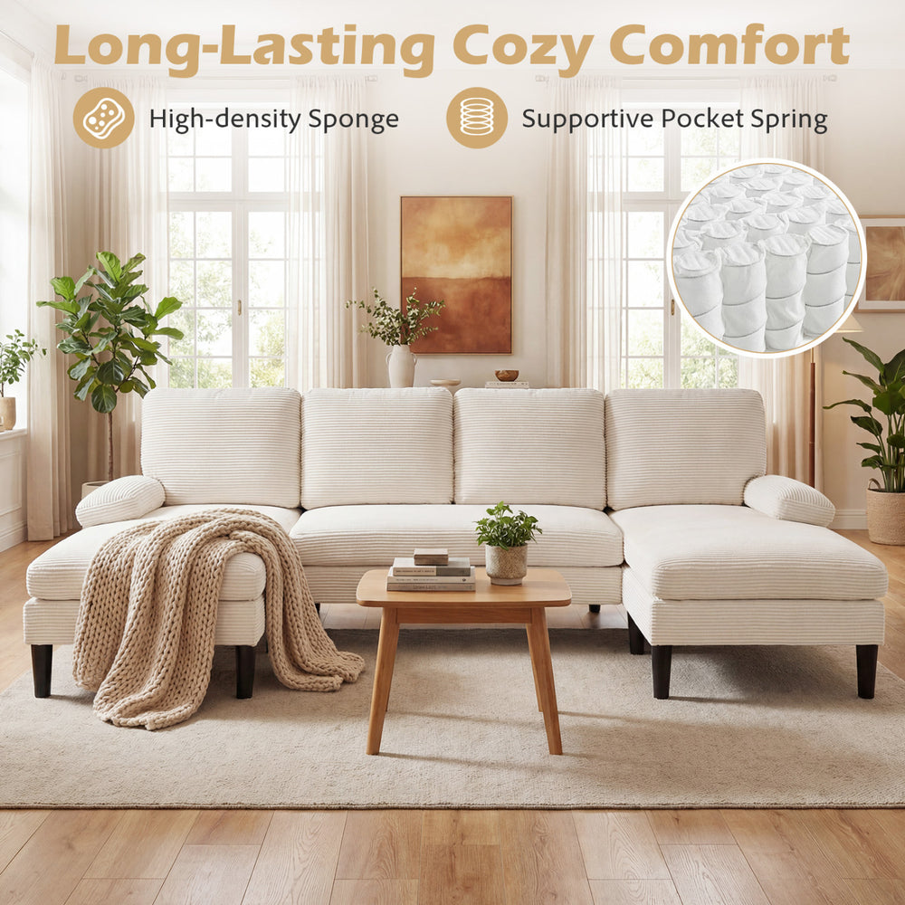 U-shaped sectional couch in beige with dual chaise, high-density sponge, and pocket springs for living room comfort.