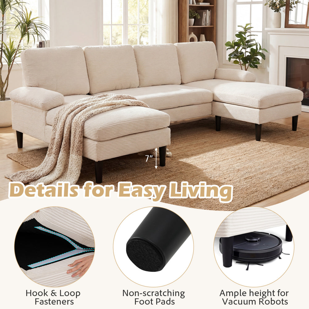 U-shaped sectional couch in beige with dual chaise lounges, ergonomic design, and anti-scratch foot pads for living.