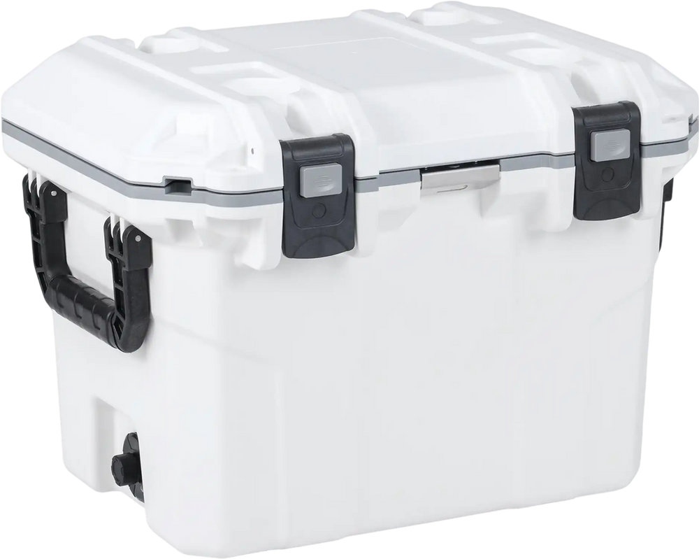 Ultra-light 53 QT hard ice chest in white with ergonomic handle, leakproof seal, and secure latches for outdoor use.