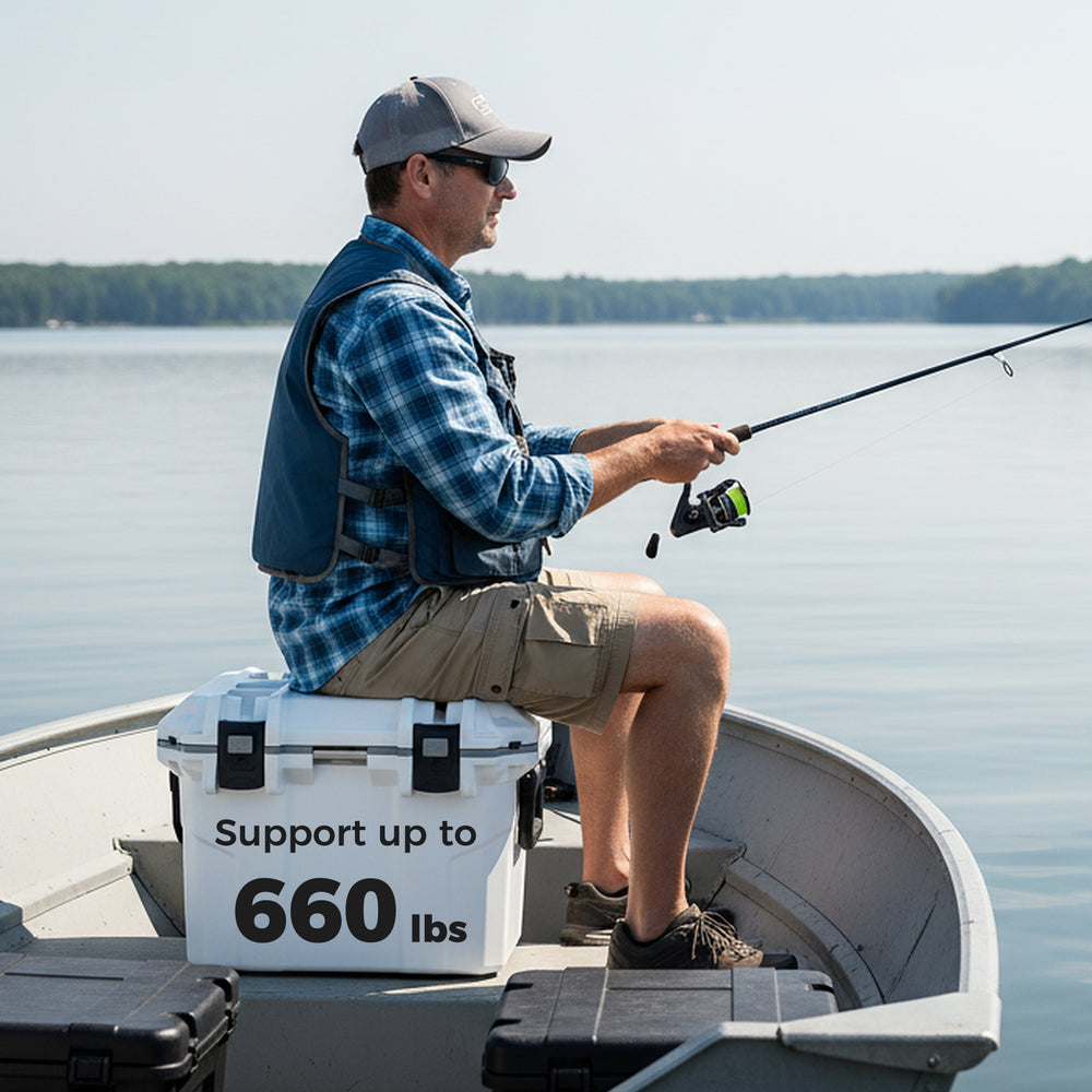 Lightweight 53 QT cooler with ergonomic handle, supporting 660 lbs, ideal for fishing and outdoor activities.