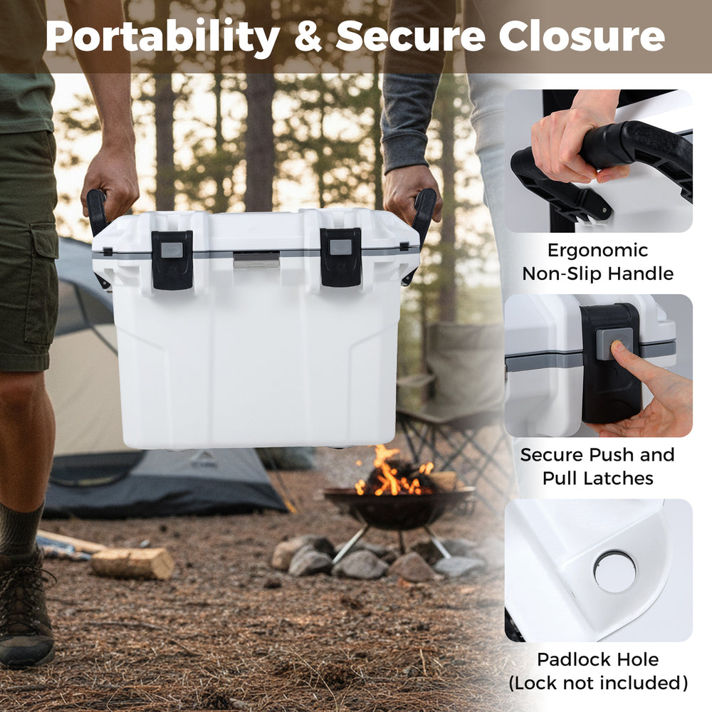 Lightweight 53 QT hard ice chest with ergonomic handle, secure latches, and leakproof design for camping and outdoor.