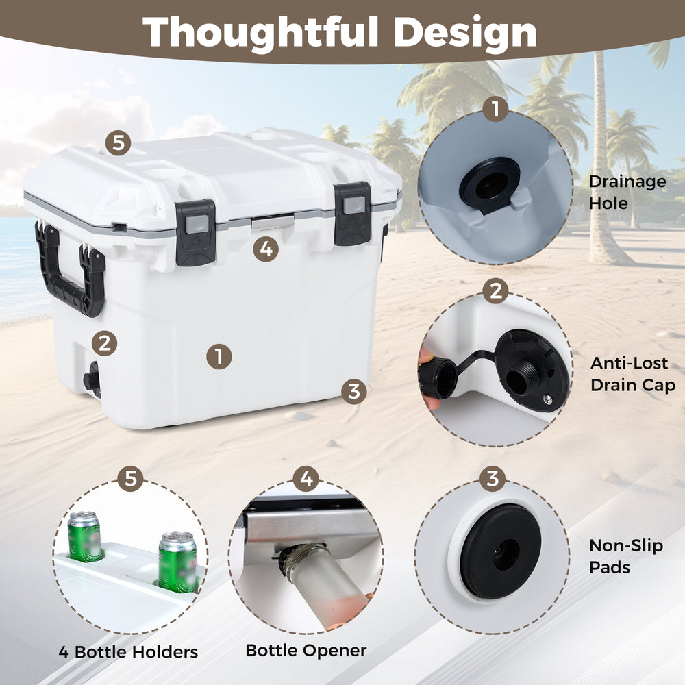 Ultra-Light Injection Molded Cooler with 53 QT capacity, featuring bottle holders, drainage hole, and non-slip pads for.