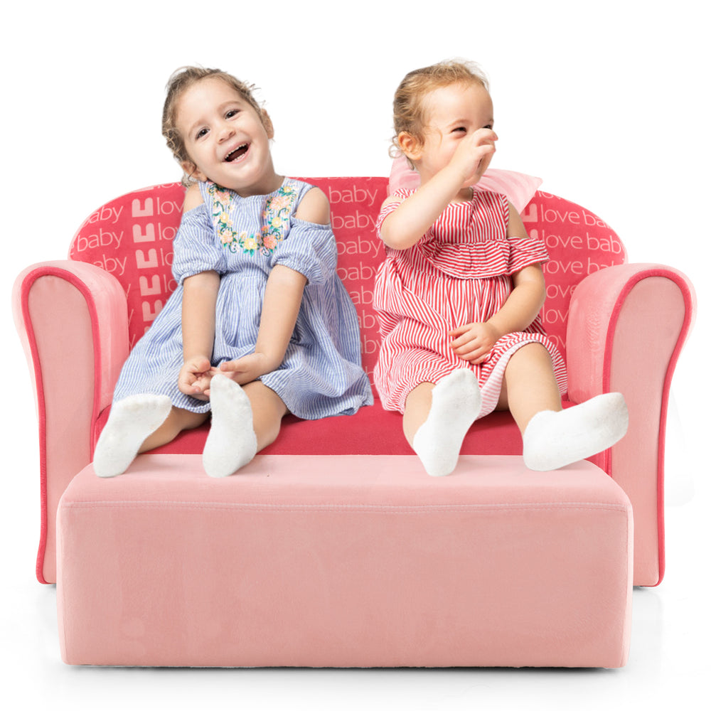 Ultra soft pink velvet kids sofa chair with ottoman, perfect for toddlers aged 0-5 for reading and playing.