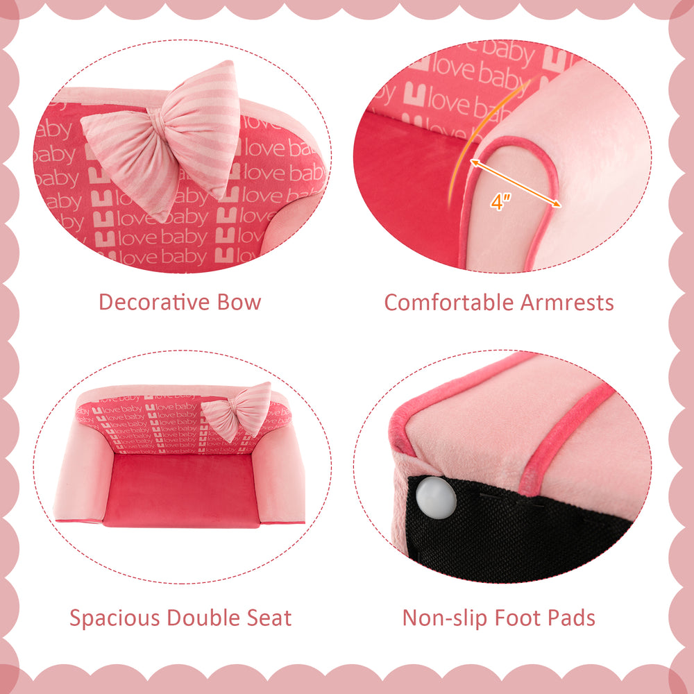 Ultra soft pink velvet kids sofa chair with decorative bow, comfortable armrests, and non-slip foot pads for safety.