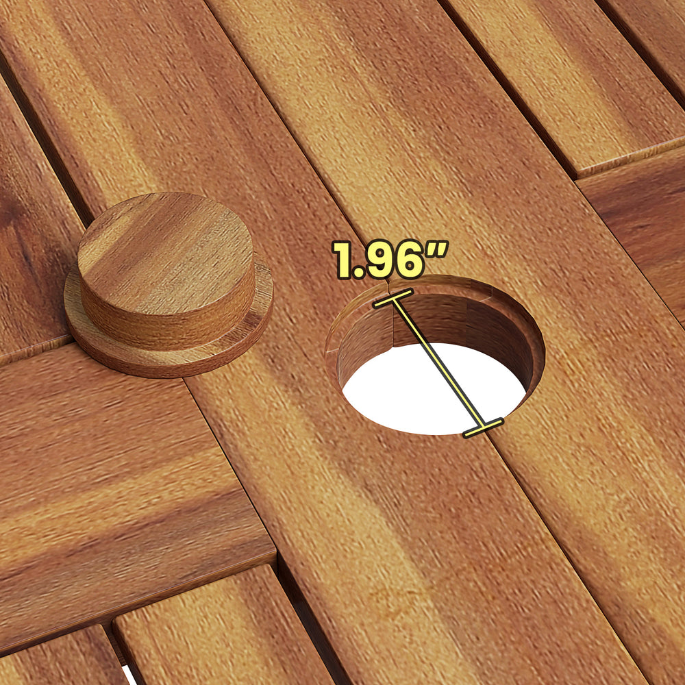 Close-up of the 1.96'' umbrella hole on the acacia wood tabletop of the 7-piece rattan patio dining set.
