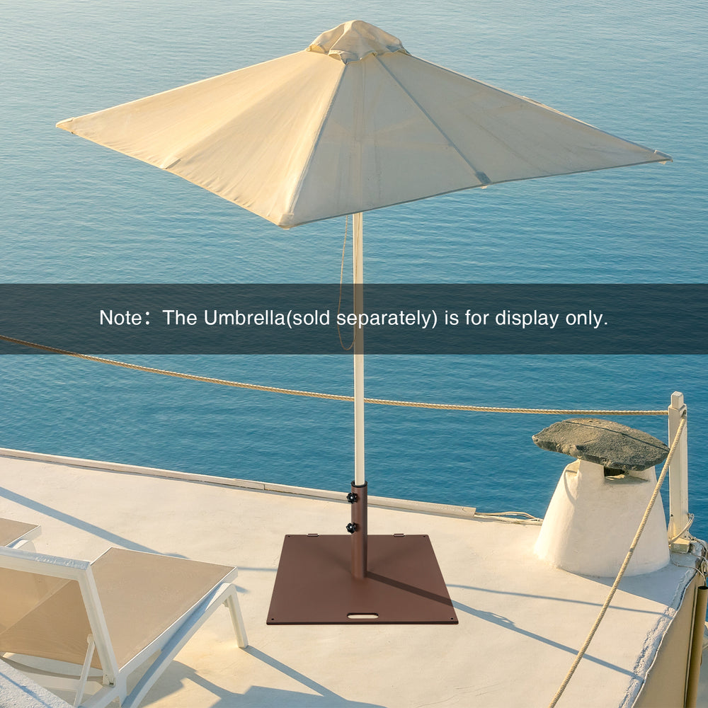 24-inch square patio umbrella base made of heavy-duty steel with wheels for easy transport and weather resistance.