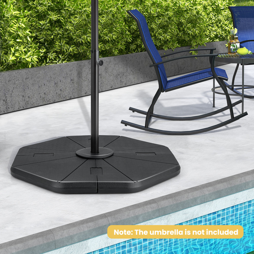 Fillable umbrella base stand made of HDPE, featuring 4 refillable reservoirs for stability, ideal for patio use.