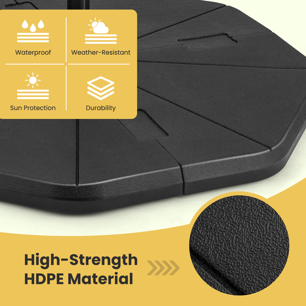High-strength HDPE umbrella base stand with refillable reservoirs for stability, suitable for garden and poolside use.