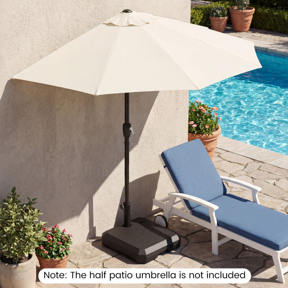 Heavy-duty umbrella base for half patio umbrellas, 48.5 lbs, designed for stability in outdoor settings by the pool.