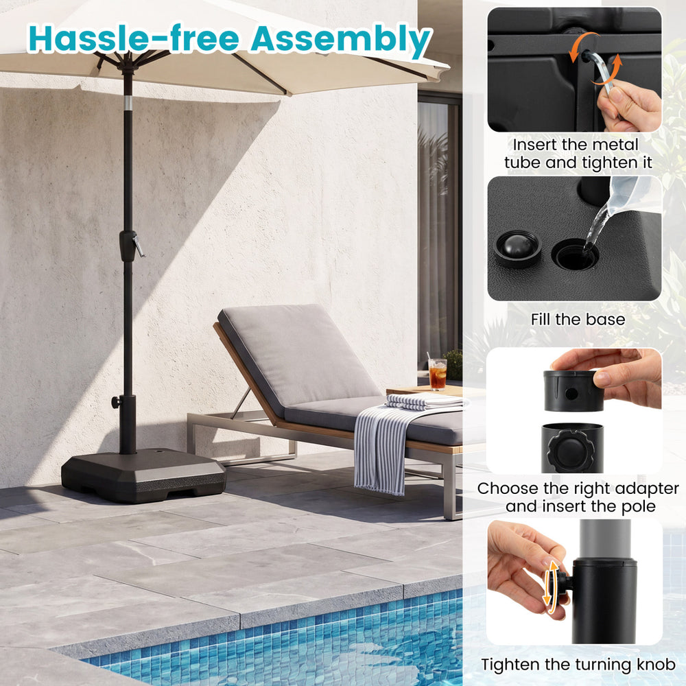 Umbrella base for half patio umbrellas, 48.5 lbs fillable stand with adjustable knob, ideal for outdoor use by pools.