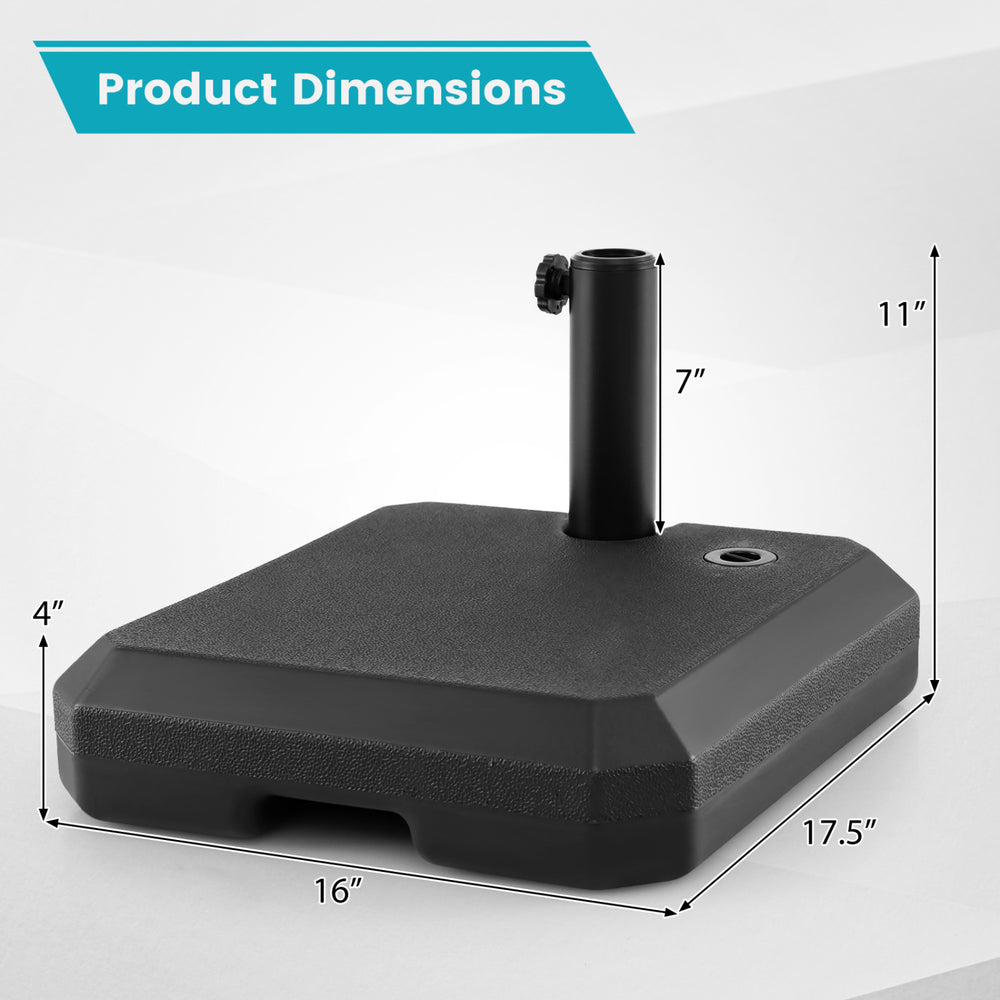 Umbrella base dimensions showing a 48.5 lbs fillable stand for half patio umbrellas, designed for stability and easy.
