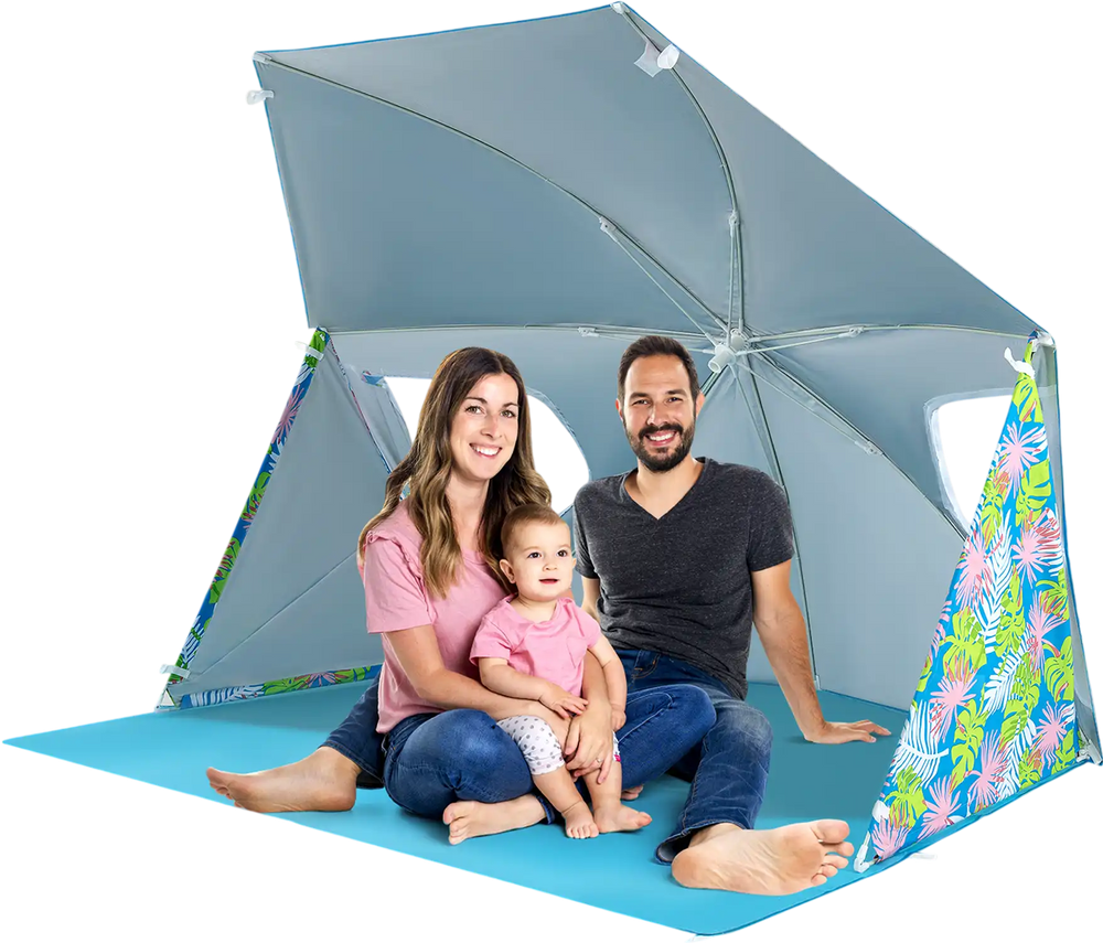 Family enjoying the UPF50+ beach umbrella tent with portable carrying bag, providing sun protection and comfort at the.