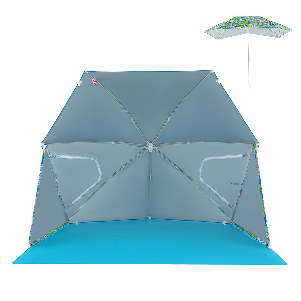 Blue UPF50+ beach umbrella tent with pop-up design, featuring zippered mesh windows for ventilation and included.