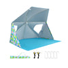 Blue UPF50+ beach umbrella tent with pop-up design, mesh windows, and carrying bag for sun protection and easy.