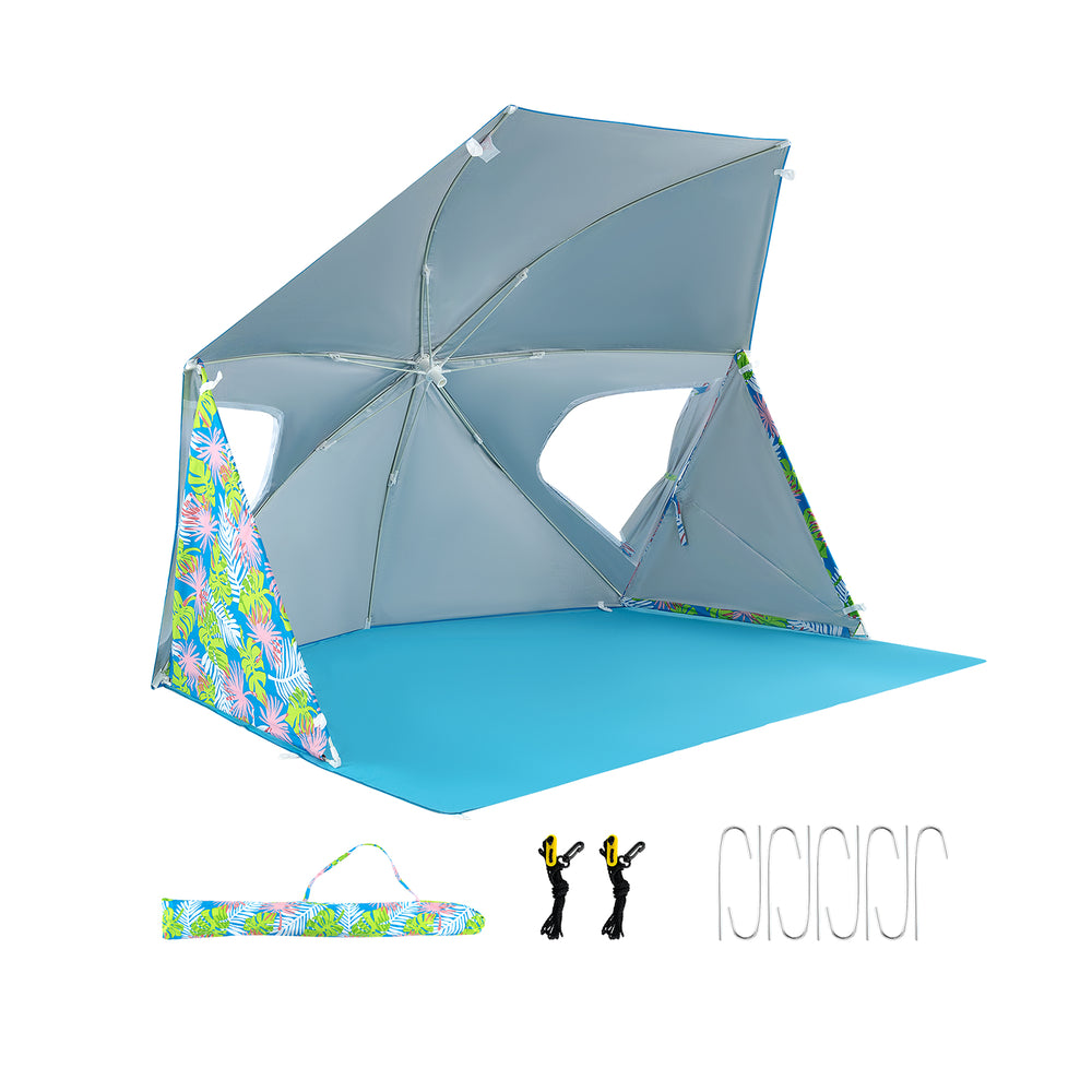 Blue UPF50+ beach umbrella tent with pop-up design, mesh windows, and carrying bag for sun protection and easy.