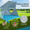 Beach umbrella tent with UPF50+ protection, featuring fiberglass ribs, metal stakes, and zippered mesh windows for.