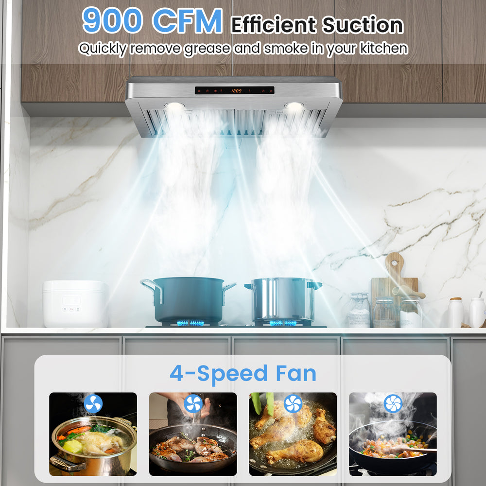 Under cabinet range hood with 900 CFM suction, 4-speed fan, and LED lights for efficient kitchen ventilation.